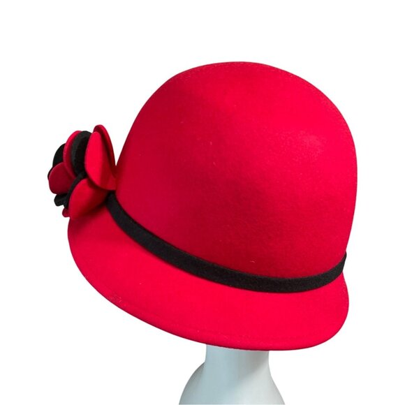 Red Wool & Felt Cloche Hat With Black Band & Floral Accent main image 5